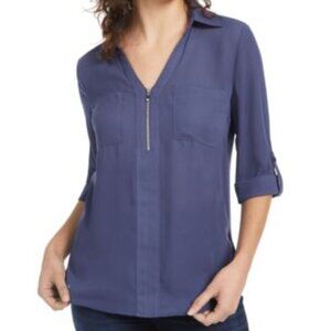 BCX Zip Front Blouse S Tab Button Sleeves Blue 923